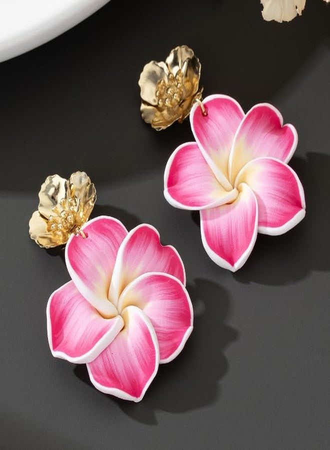 ZENCHEER Pink Flower Earrings for Women,Gold Plated Floral Drop Dangle Earrings Statement Beach Party Vacation Hawaiian Style Jewelry Gift (White Pink) - Image 4